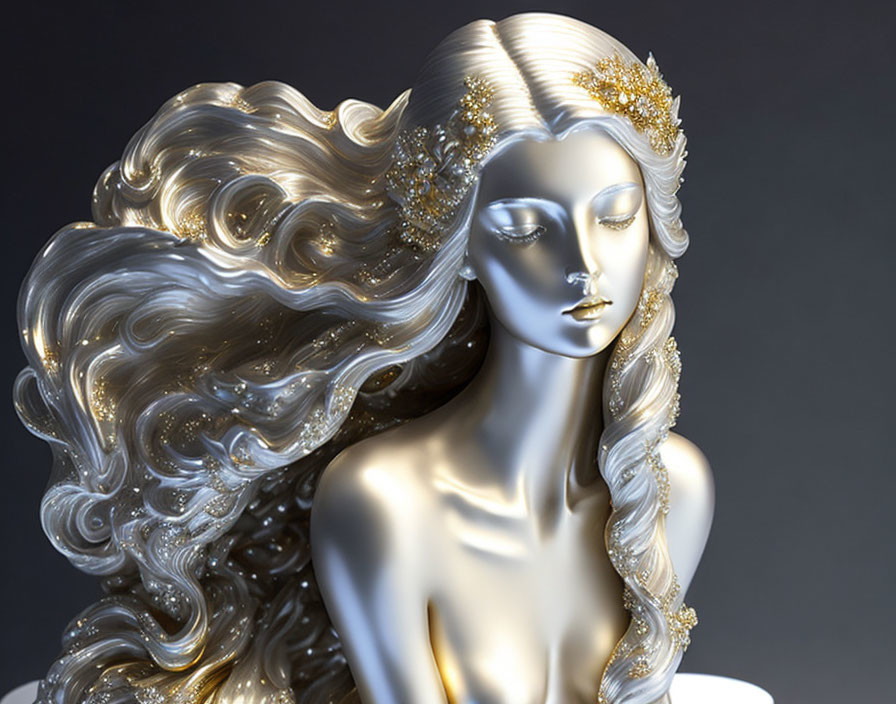 Intricate golden female bust with detailed hair on dark background