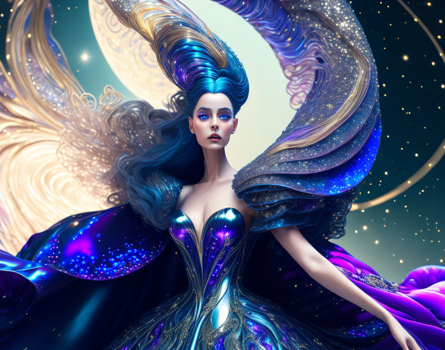 Digital Art Portrait of Woman with Blue and Purple Swirling Hair in Metallic Gown