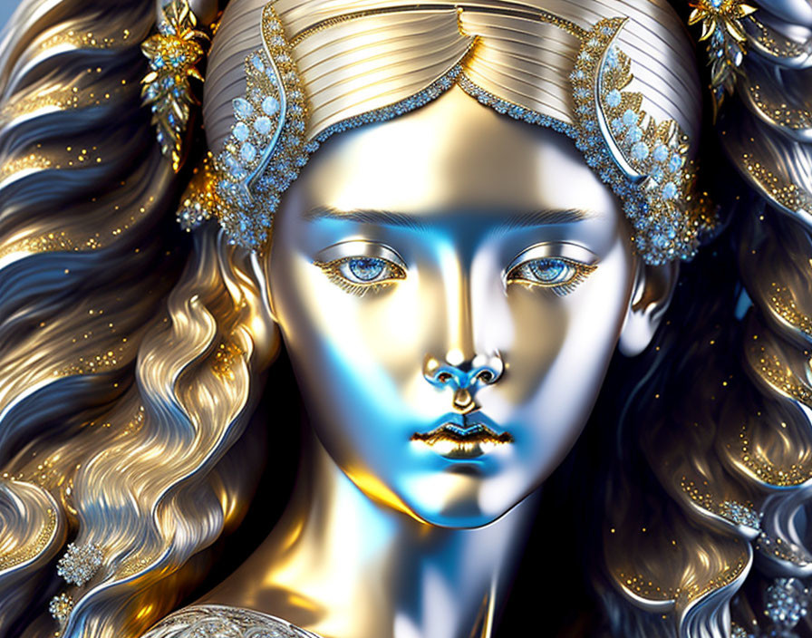 Fantasy-inspired metallic female figure with golden headpiece and wavy hair.