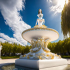 White and Gold Woman Statue on Decorative Fountain with Trees and Blue Sky