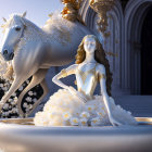 Fantasy 3D rendering of elegant woman in white and gold dress with white horse on fountain