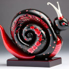 Stylized snail sculpture with black and red glossy shell and pink flowers on grey background