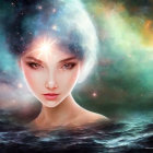 Digital artwork: Woman with galaxy hair & bright stars for an ethereal cosmic look