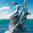 Metallic female statue with crescent moon, rising from ocean waves under clear sky