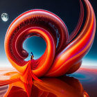 Woman in Red Dress on Surreal Landscape with Spiral Structure and Moon