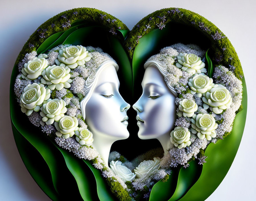 Dual profile faces form heart shape with foliage and flowers.