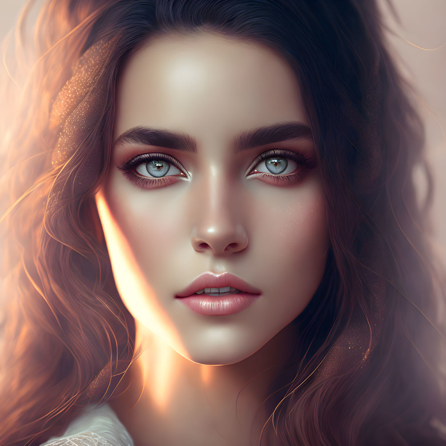 Portrait of a woman with green eyes and wavy hair in warm sunlight