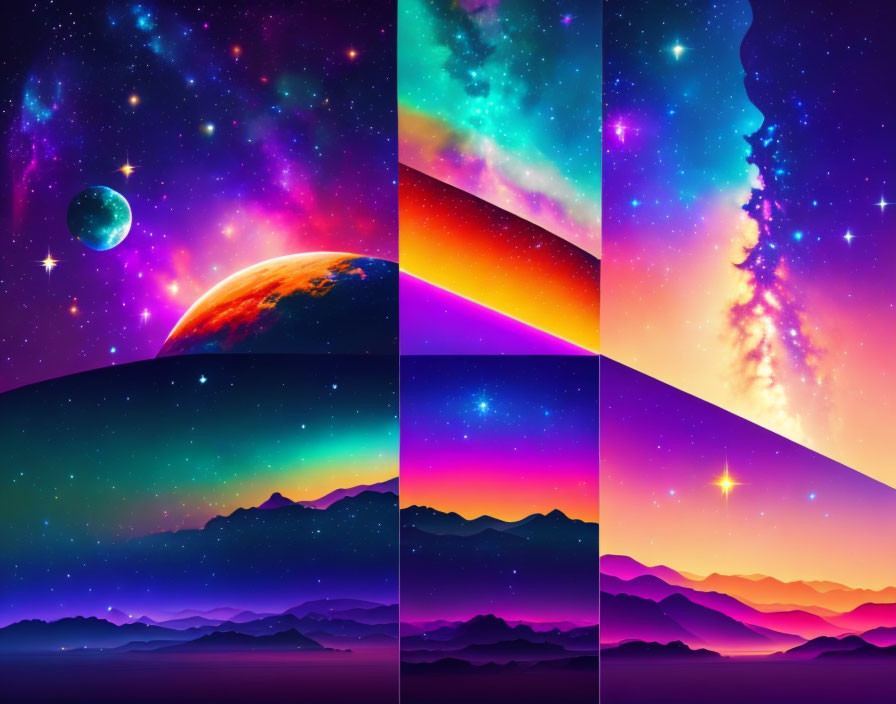 Colorful Cosmic Collage of Starry Skies, Nebulas, Planets & Landscapes