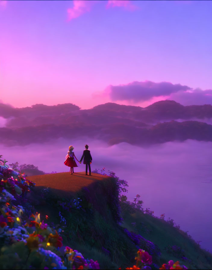 Animated characters on flower-covered cliff at dawn overlooking misty hills