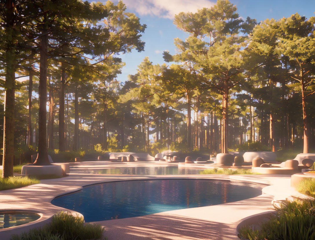 Tranquil Forest Pool with Stylish Sun Loungers at Sunset