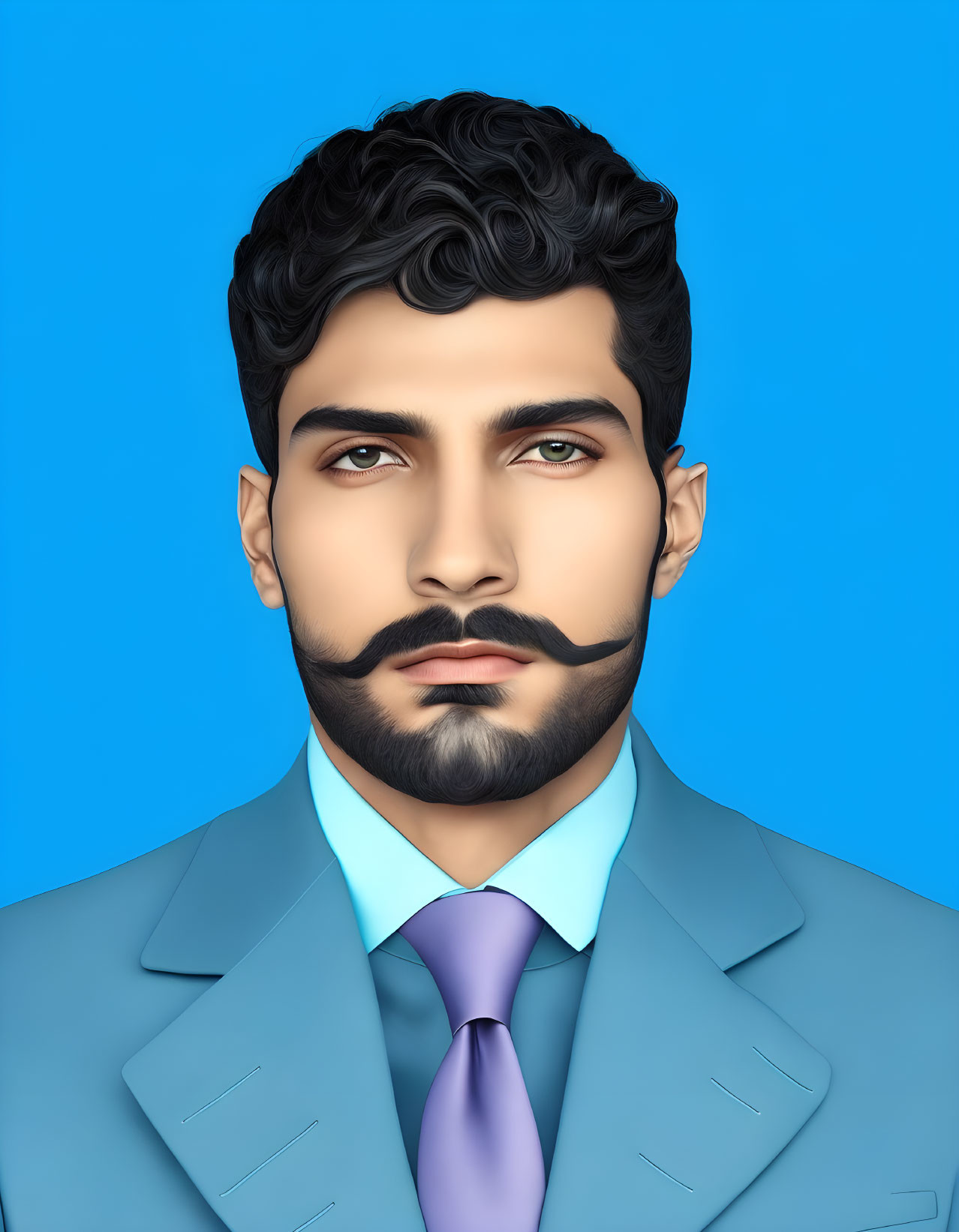 Digital illustration of man with dark hair, thick mustache, blue suit, purple tie on blue background