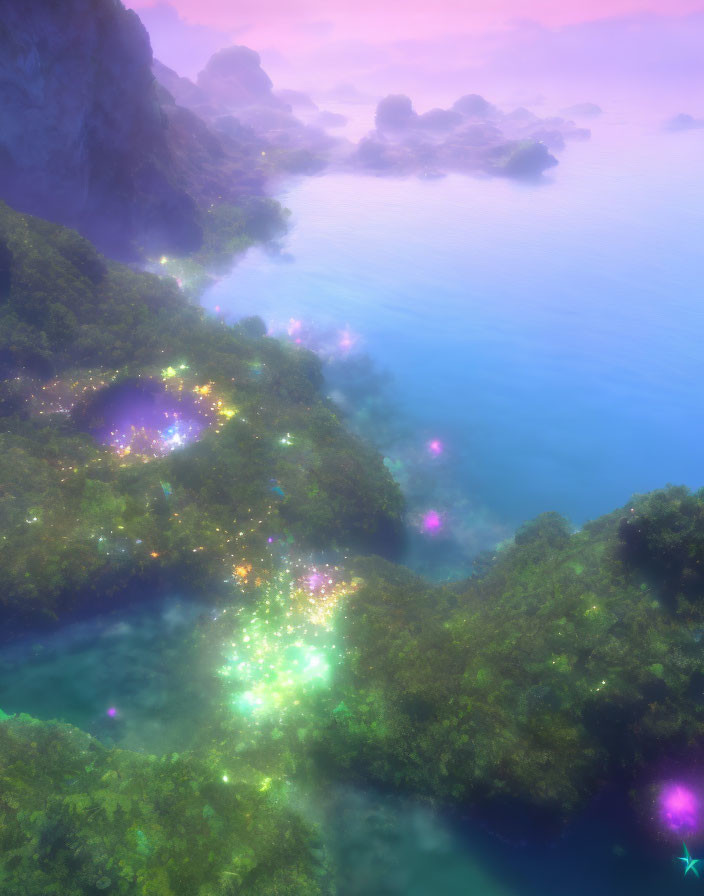 Mystical landscape with glowing star-like flora by a river