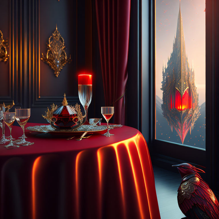 Luxurious dining scene with red velvet tablecloth, crystal glasses, ornate teapot, and golden