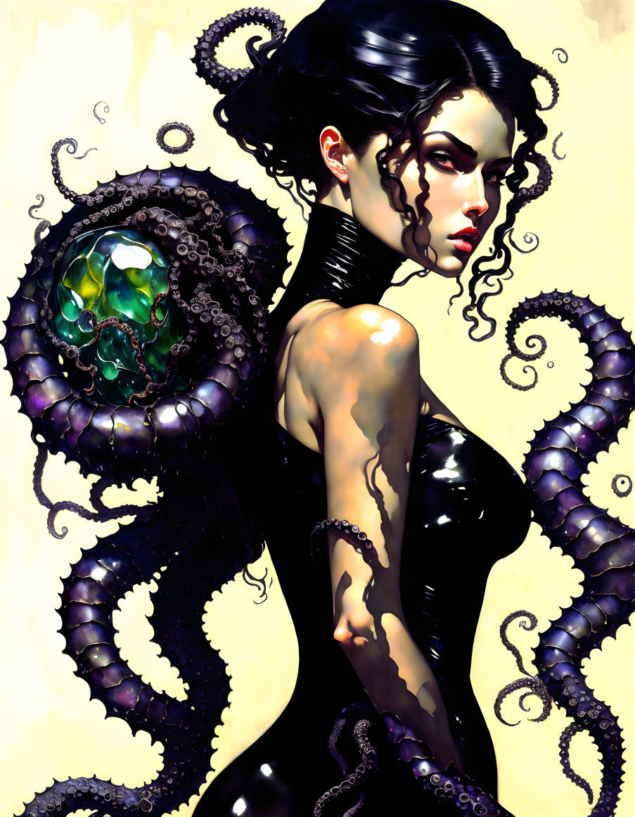 Colorful Woman with Octopus Tentacles: Intricate and Mysterious Illustration
