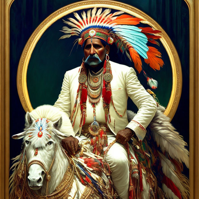 Native American man in ornate headdress on white horse in golden oval portrait