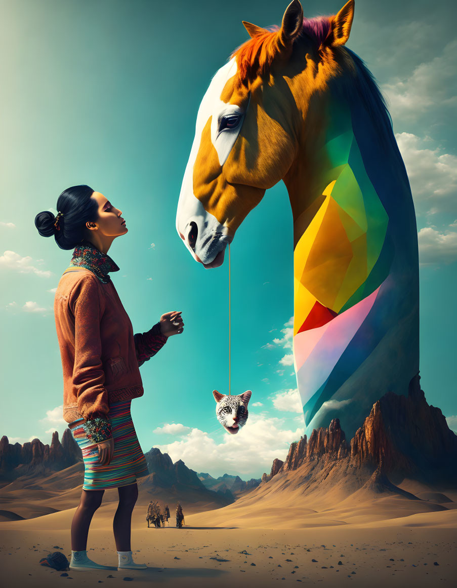 Surreal desert scene: woman, colorful horse, and dangling cat.