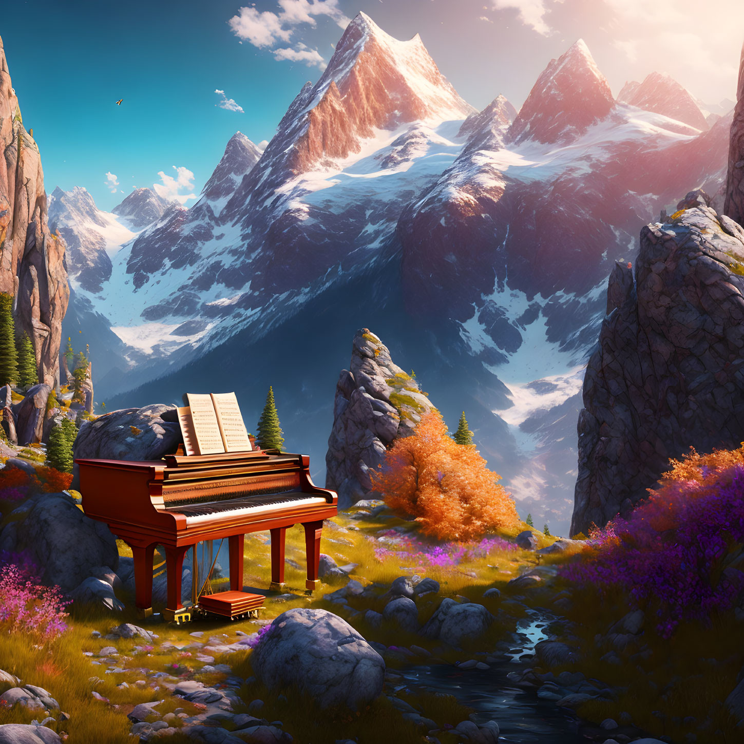 Travel to the mountain's whith a piano