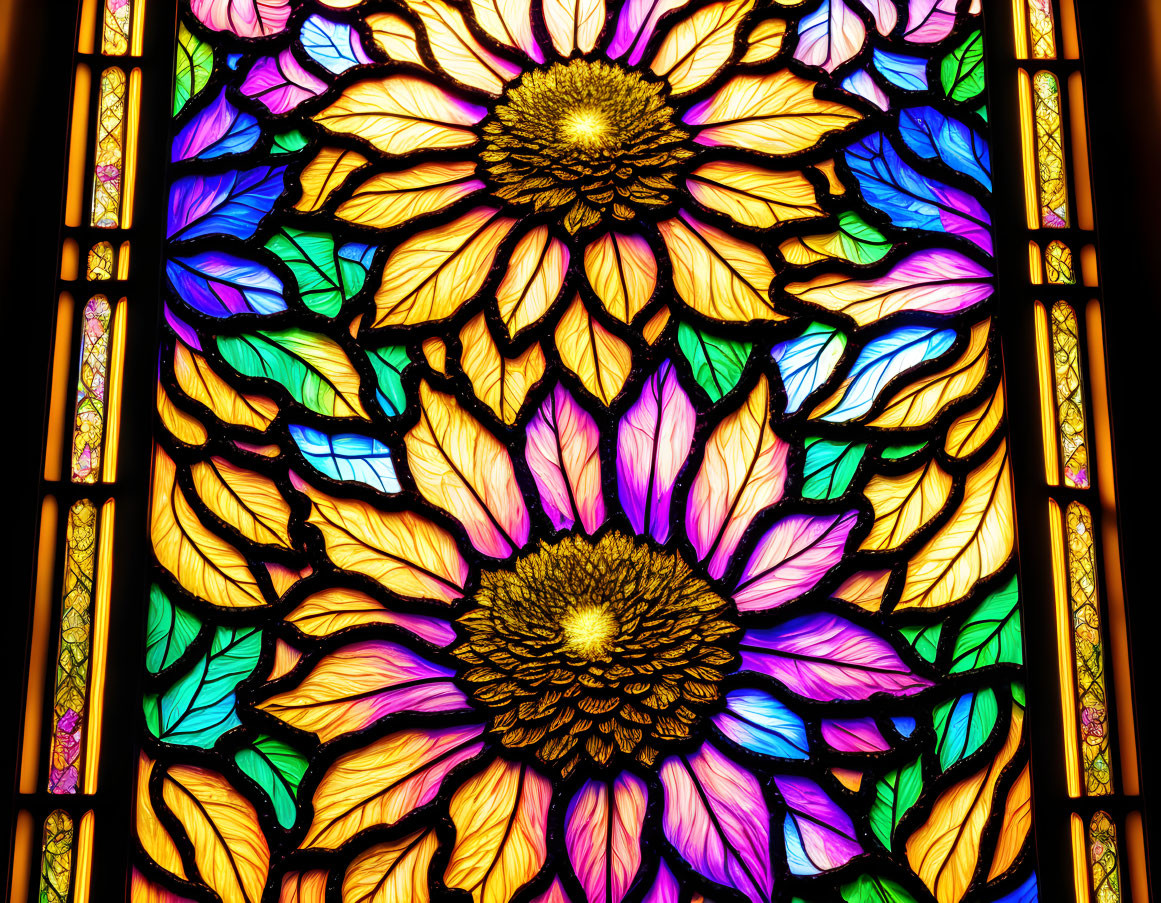 Colorful sunflower pattern in stained glass window