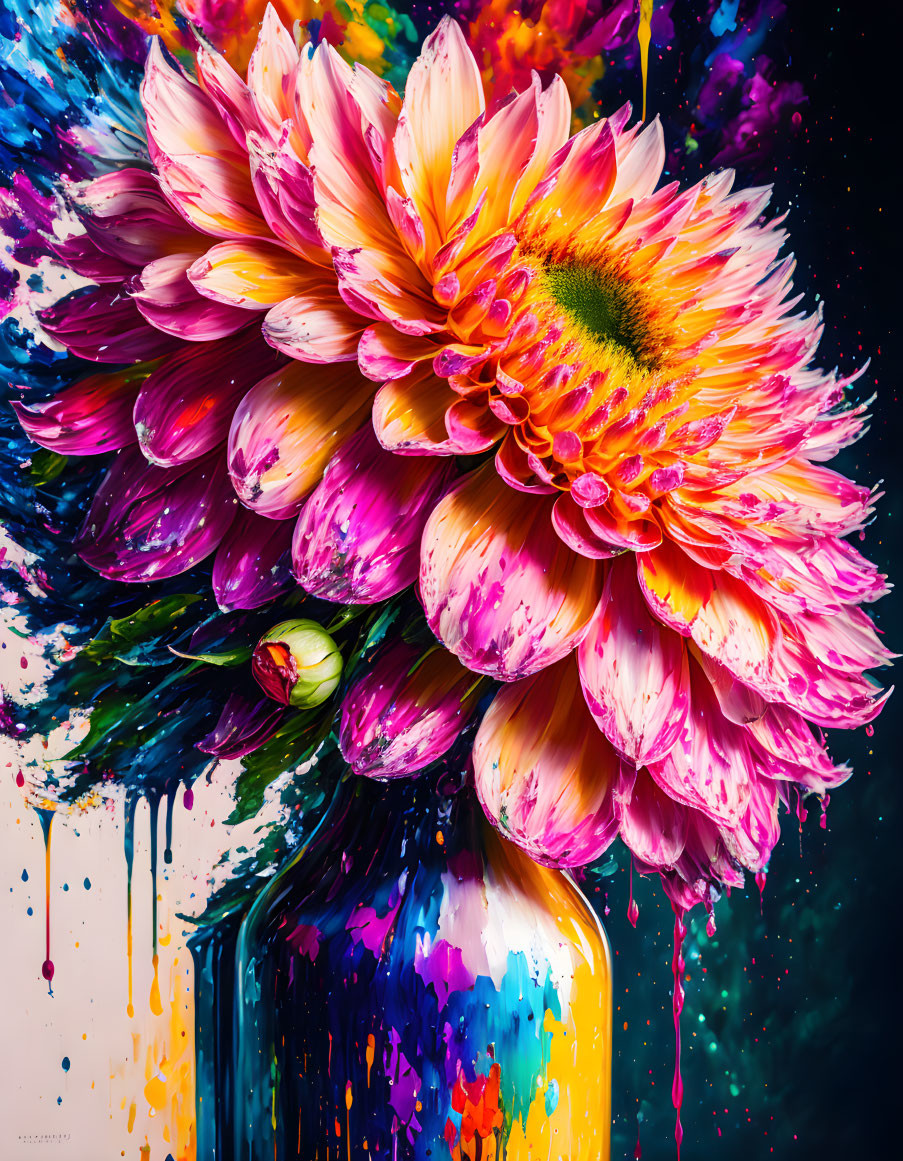 Colorful Paint Explosion Surrounding Blooming Dahlia on Dark Background