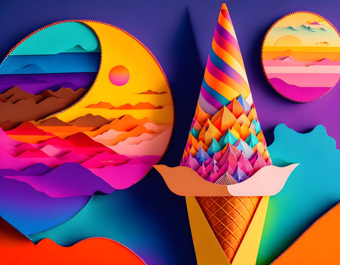 Colorful Surreal Landscape with Giant Ice Cream Cone and Stylized Sun