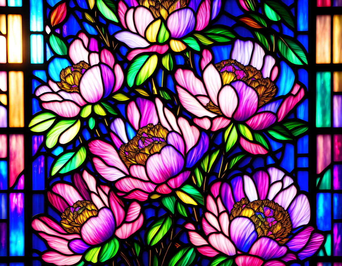 Colorful Floral Stained Glass Window with Pink Hues and Green Foliage