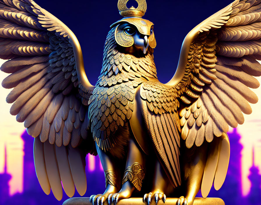 Majestic golden eagle digital artwork with Egyptian symbolism on purple sunset skyline