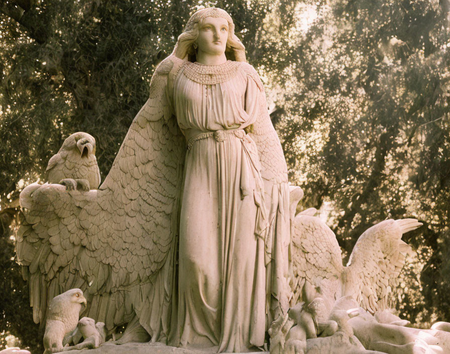 Serene angelic statue with wings and sculpted birds in tranquil setting