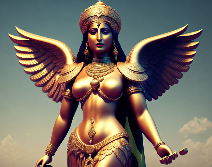Majestic figure with multiple arms and golden wings in traditional Indian attire against sky.