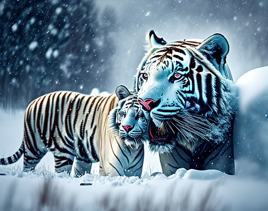 Two tigers with blue stripes in snowy landscape with falling snowflakes.