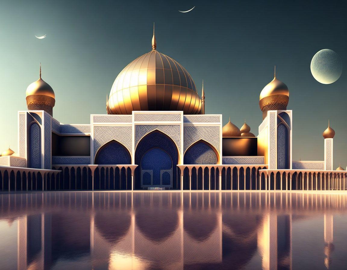 Mosque with Golden Domes, Arches, and Minarets Reflected on Water
