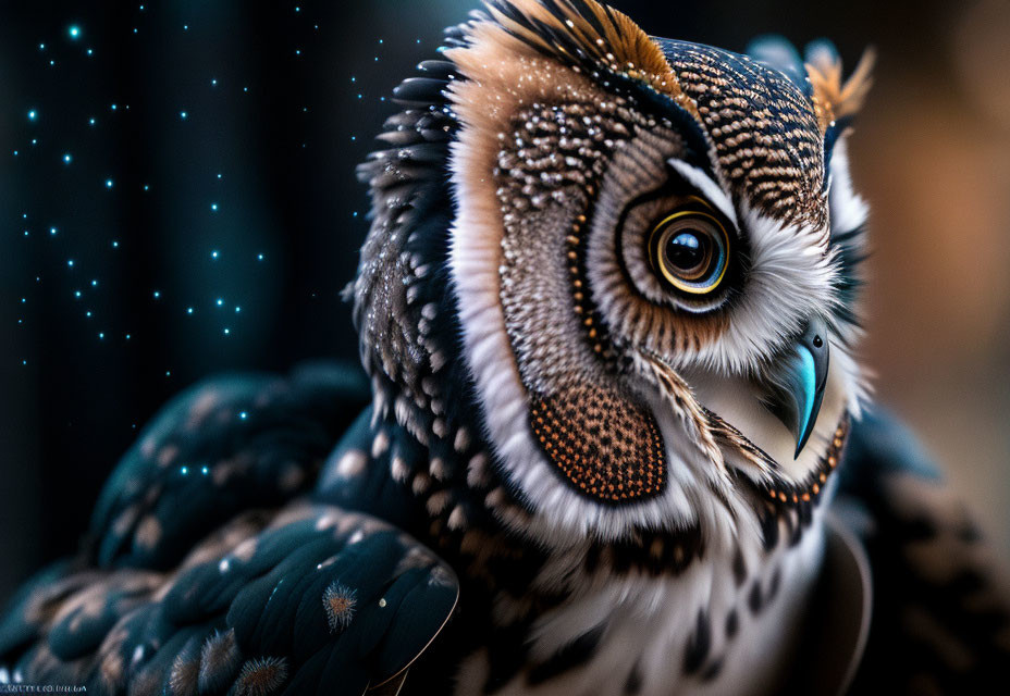 Detailed Owl Portrait with Striking Eyes and Feathers on Starry Bokeh