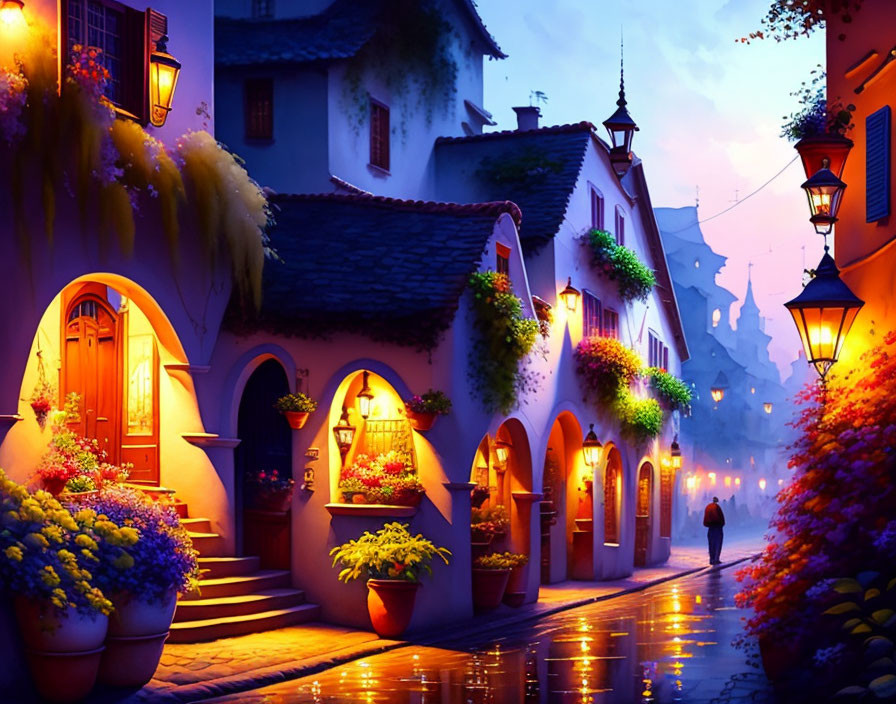 Cobblestone Street at Dusk with Glowing Lanterns and Solitary Figure