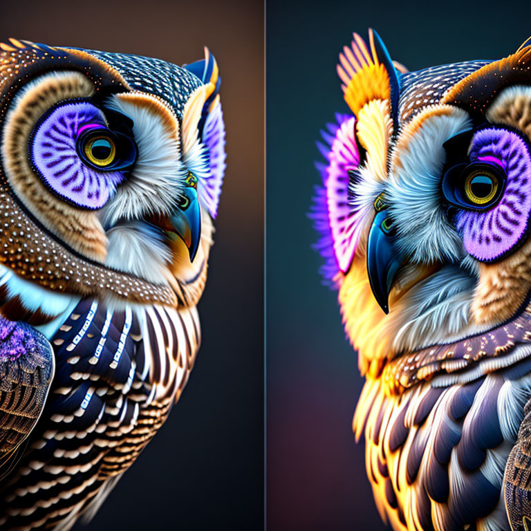 Colorful Stylized Owls with Intricate Patterns on Dark Background