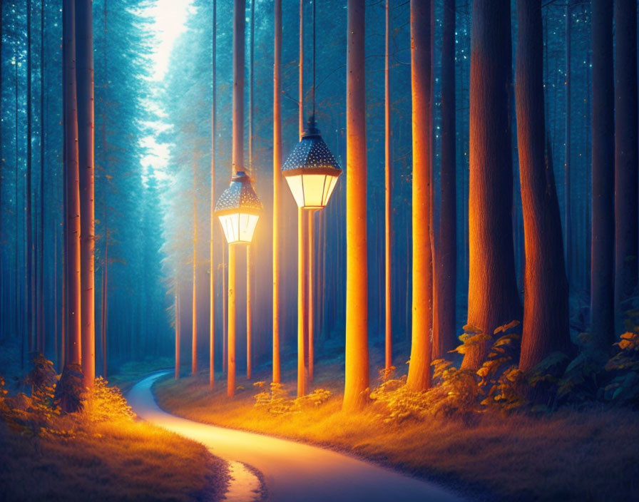 Misty Forest Path with Glowing Lanterns at Dusk