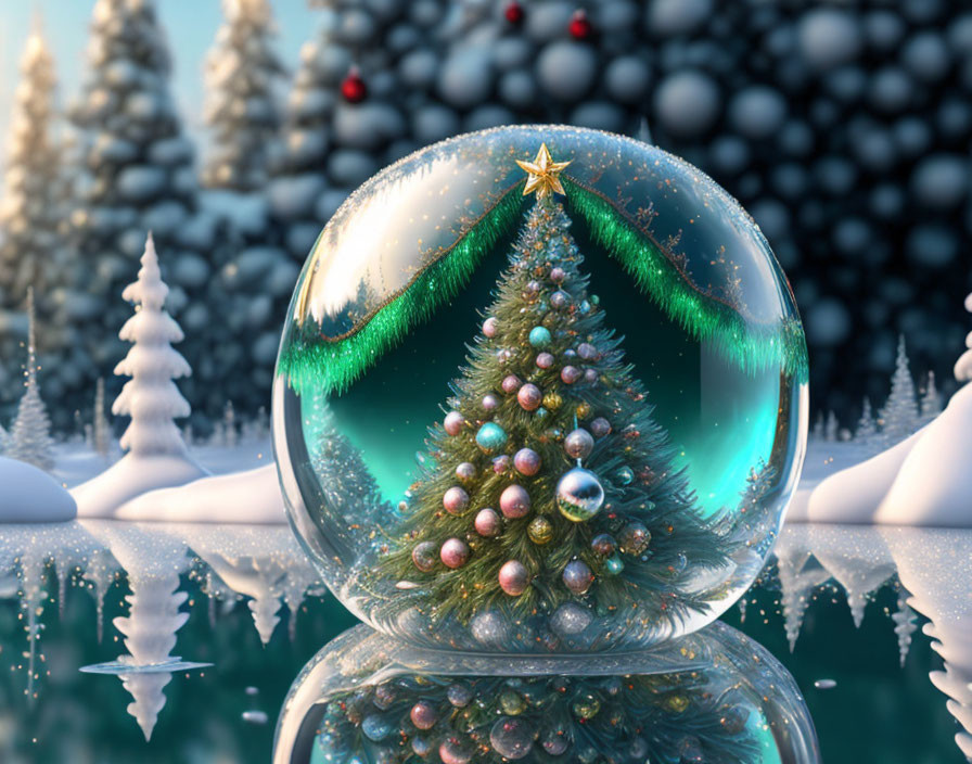 Decorated Christmas tree in snow globe on snowy landscape
