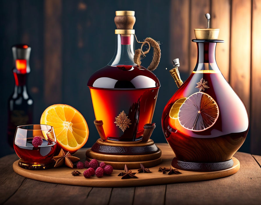 Elegant display of decanters, glass, fruits, and spices on wooden table