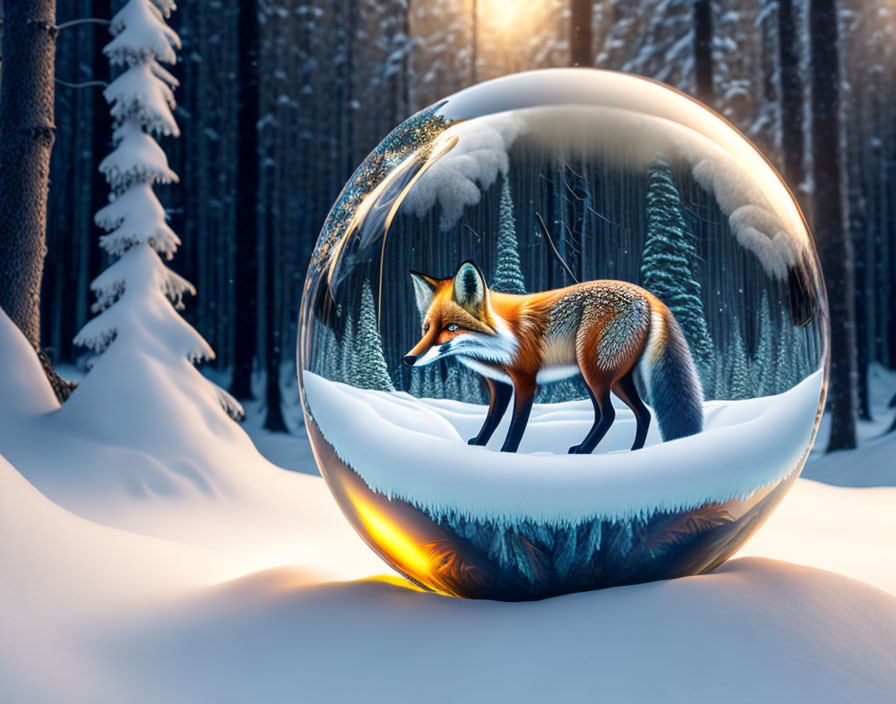 Fox in transparent sphere reflecting winter forest scene