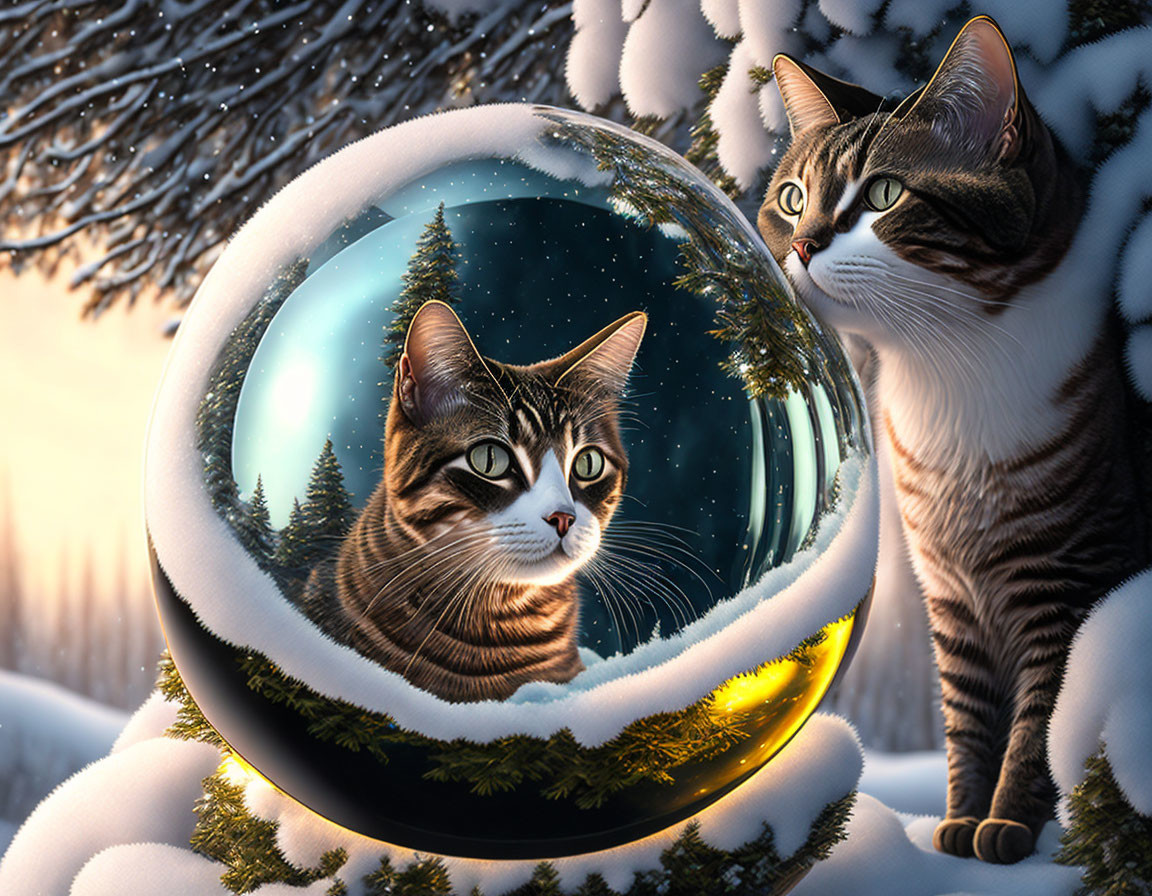 Curious cat in snow gazes at crystal ball in forest scene