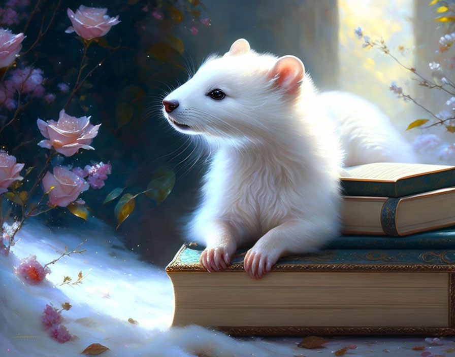 White Ferret Resting on Books in Dreamy Floral Landscape