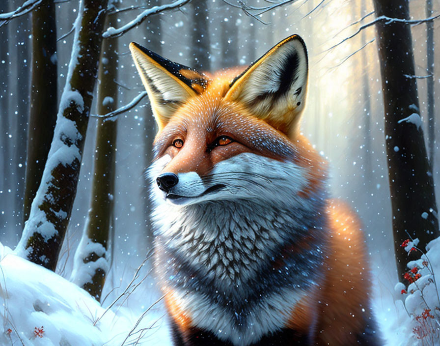 Detailed Red Fox in Snowy Forest with Snowflakes