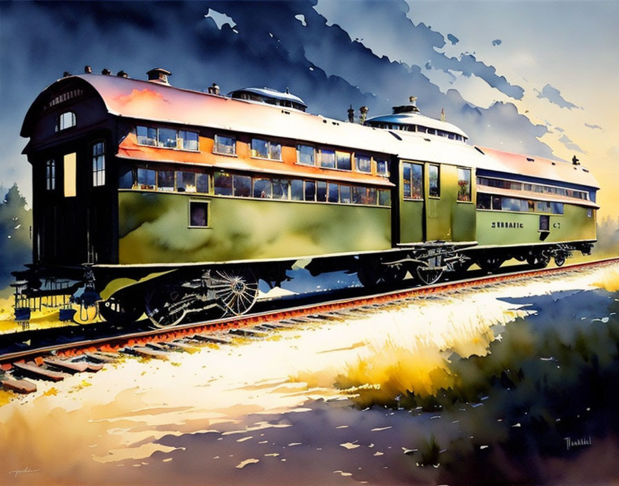 Vintage Train with Green and Yellow Carriages on Tracks at Sunset