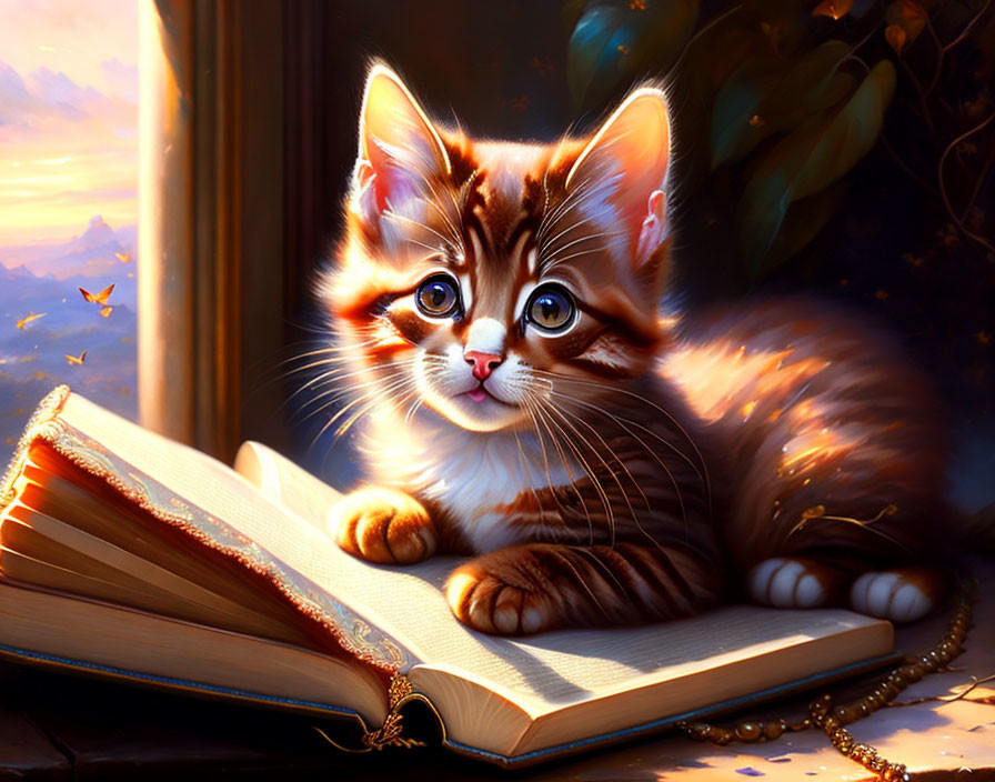 Fluffy kitten with striking eyes on open book under warm light