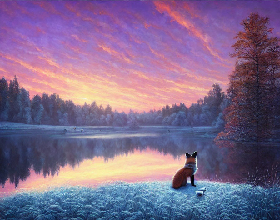 Fox by serene lake at sunrise with pink and purple sky reflections.