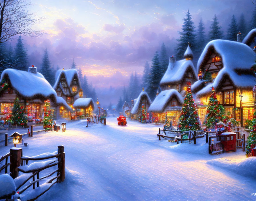 Winter scene: Snowy village, Christmas lights, vintage car, festive ambiance.