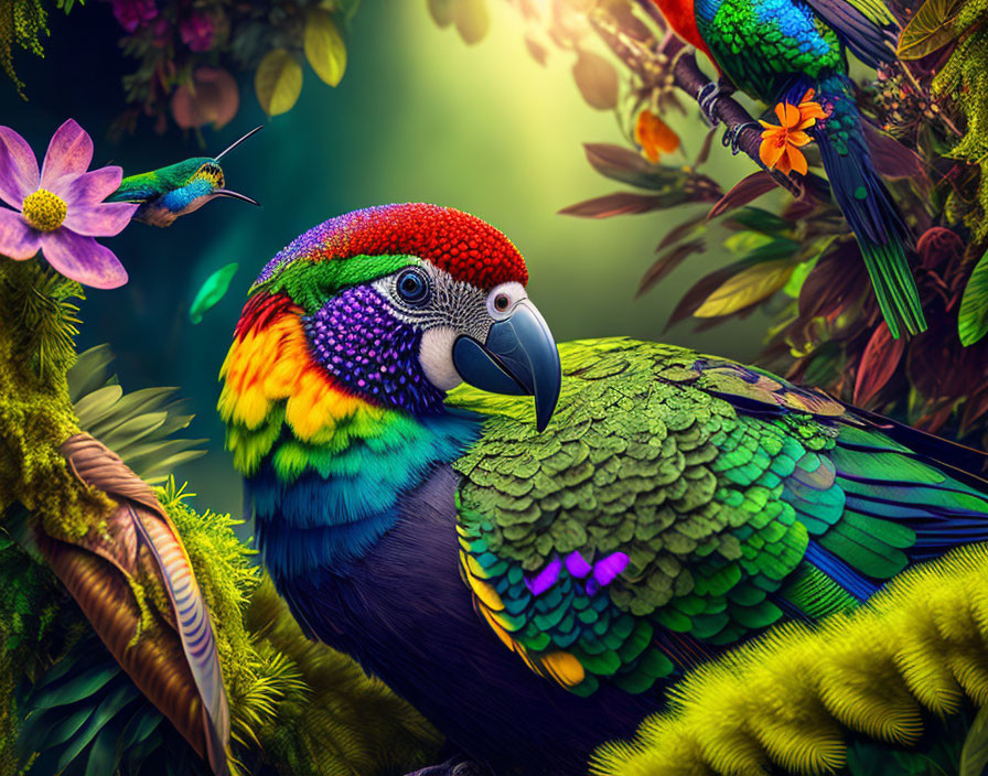 Colorful Parrot Artwork with Hummingbirds and Foliage on Moody Background