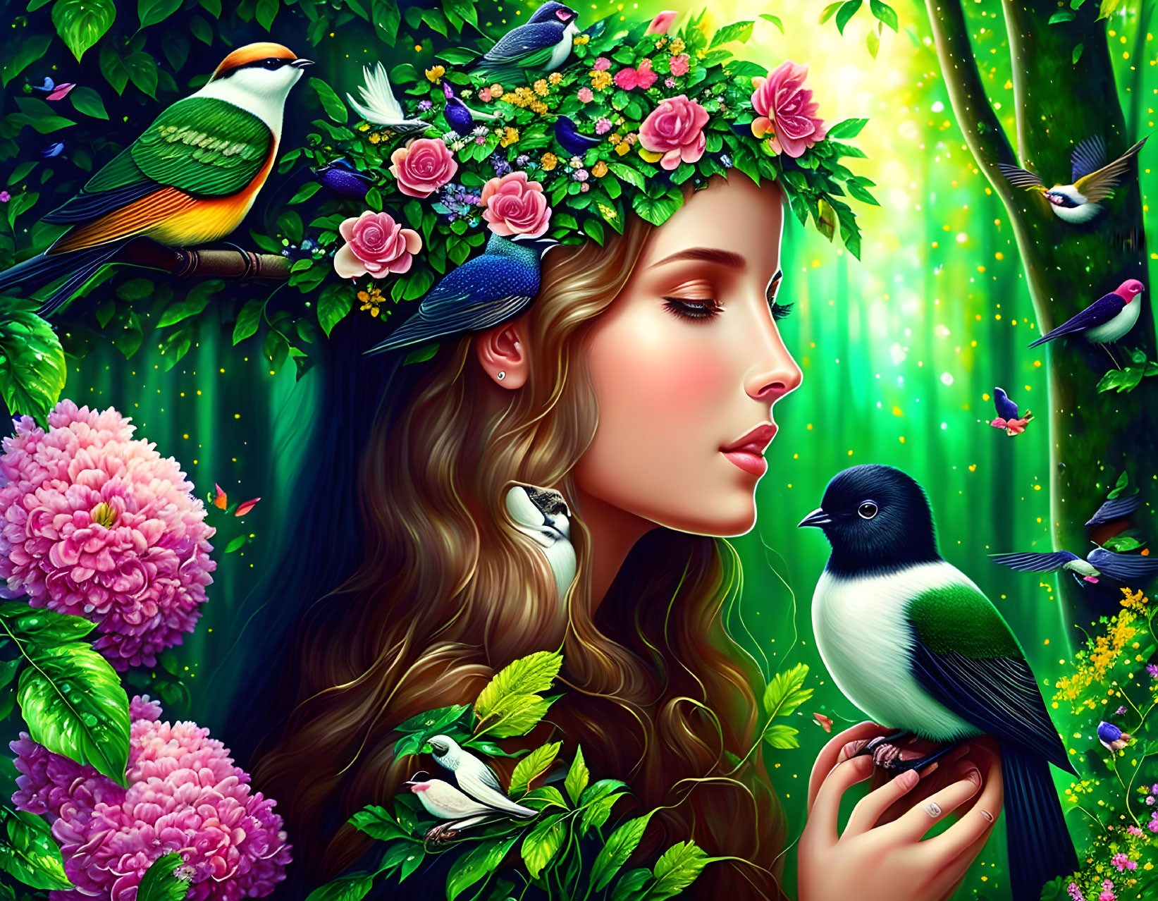 Woman Surrounded by Greenery, Birds, and Flowers
