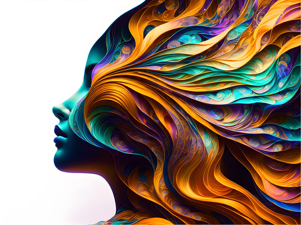 Colorful digital art: Woman's profile with flowing, multicolored hair on white background
