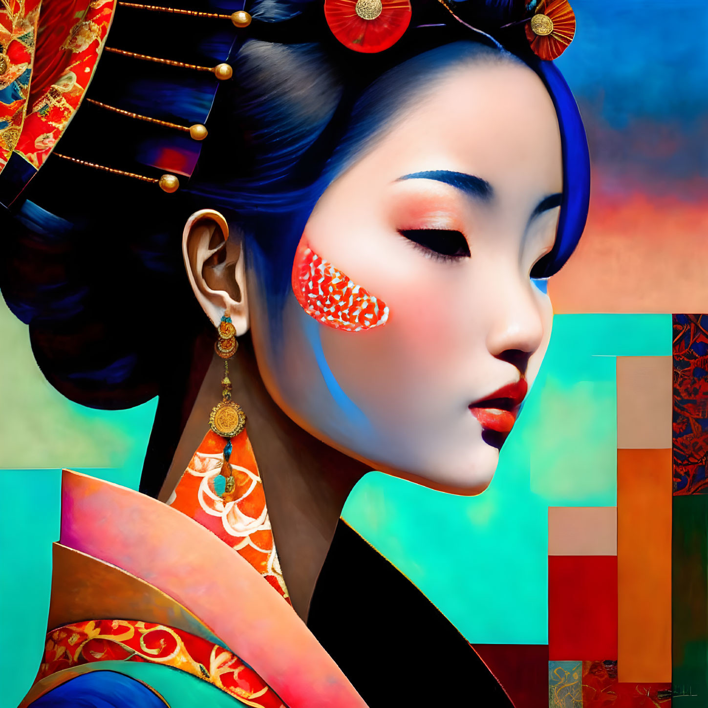Vibrant digital portrait of stylized geisha with elaborate hair ornaments