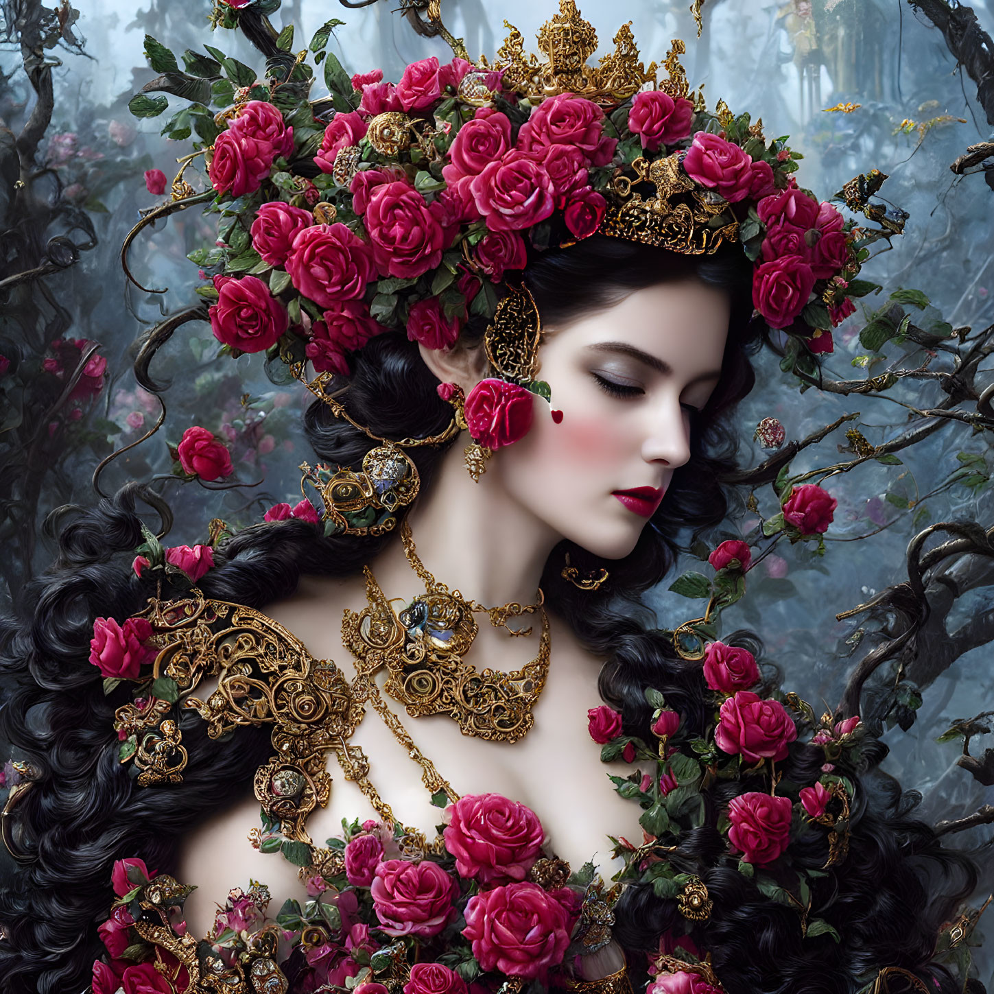 Woman with gold crown and jewelry among pink roses and dark vines symbolizes elegance and fairy tale mystique
