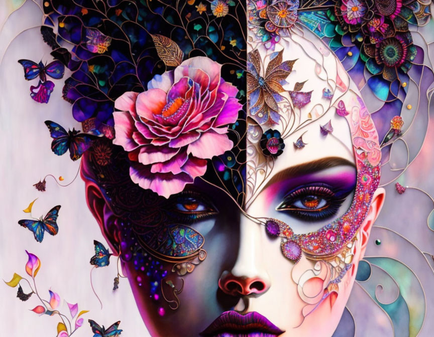 Vibrant woman's face with floral and butterfly motifs in purple and pink hues